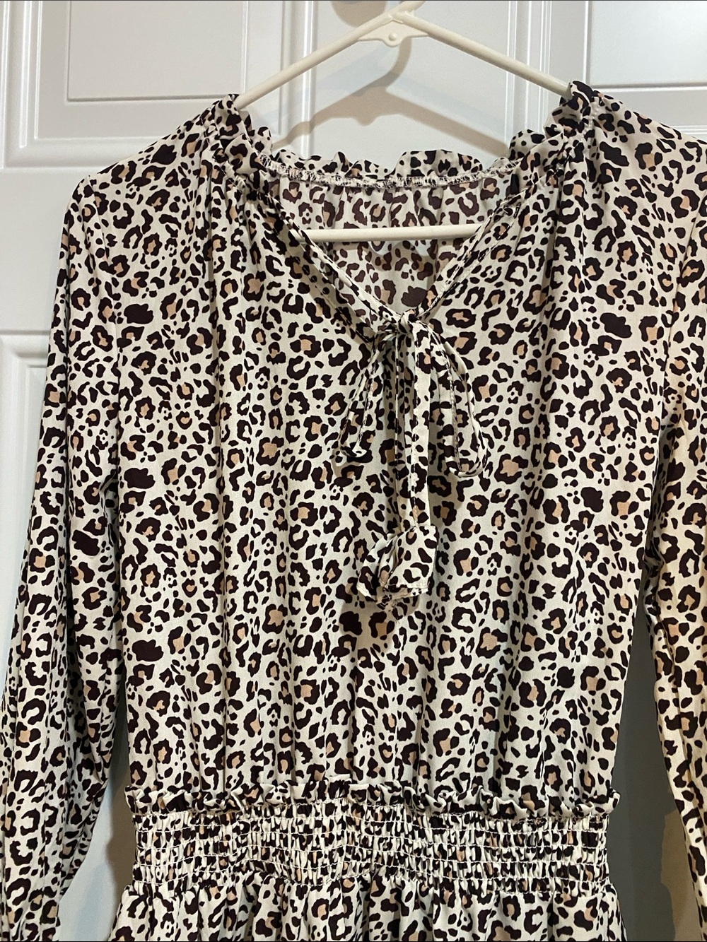Leopard Print Long-Sleeve Tiered Dress - Beige/Brown - Picture 2 of 5